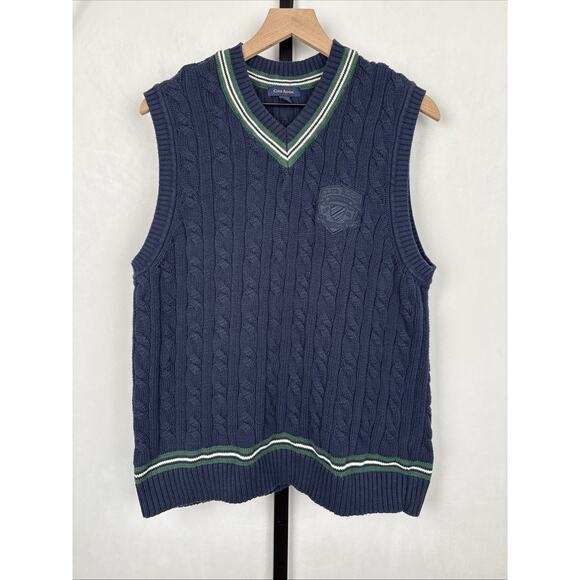 Club Room Other - Club Room Sweater Vest Mens Large Cable Knit Navy Blue Cotton Logo Academia Golf